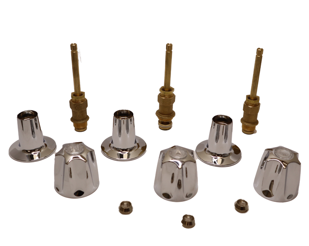 Polished chrome handles & escutcheons with bright brass stems & faucet seats.