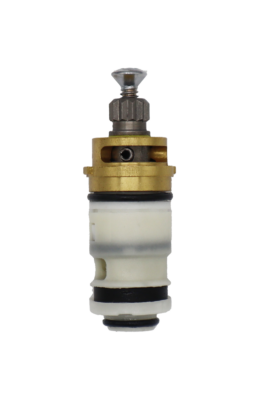 White plastic cartridge with brass top metal handle connection stainless screw and black rubber seals.