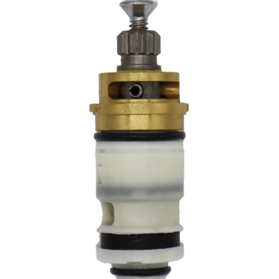 White plastic cartridge with brass top metal handle connection stainless screw and black rubber seals.