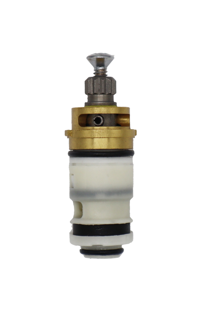 White plastic cartridge with brass top metal handle connection stainless screw and black rubber seals.