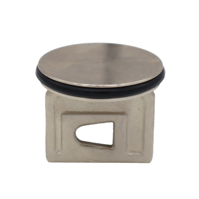 Nickel plated cast brass stopper with black rubber o-ring.