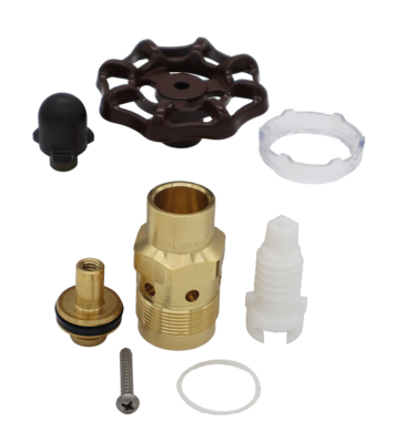 Brown wheel handle with black rubber plunger bright brass valve and bonnet plastic rings and stem and stainless screw.