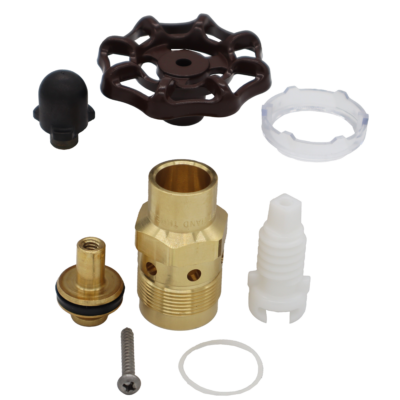 Brown wheel handle with black rubber plunger bright brass valve and bonnet plastic rings and stem and stainless screw.