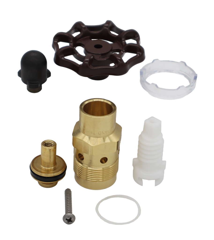 Brown wheel handle with black rubber plunger bright brass valve and bonnet plastic rings and stem and stainless screw.