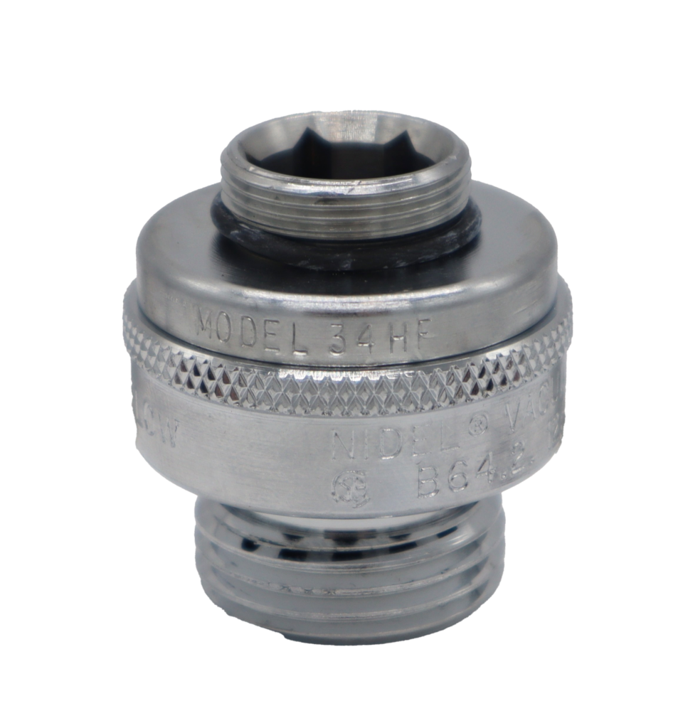 Polished chrome vacuum breaker with black rubber o-ring.