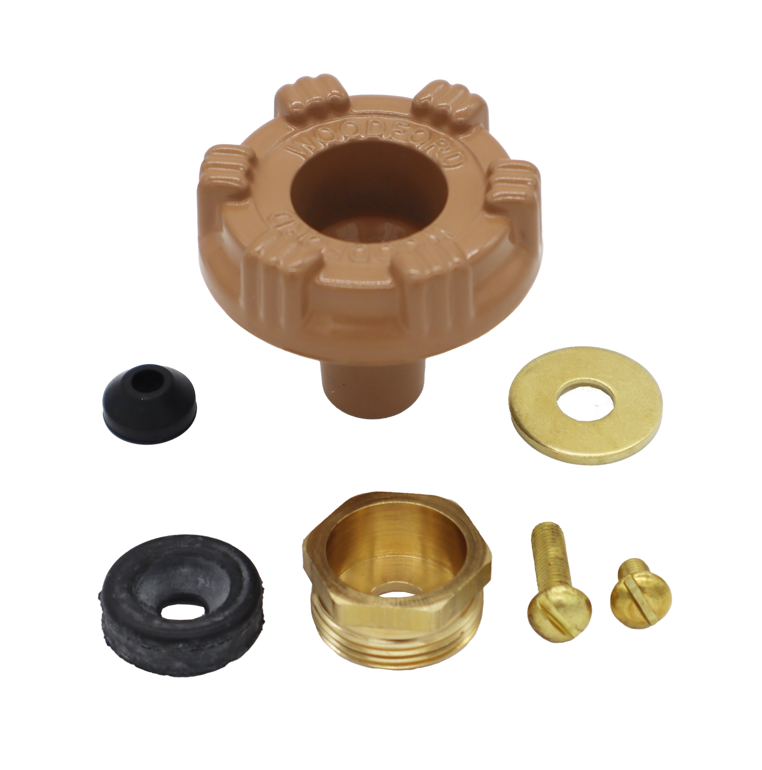Round tan metal handle black rubber washer and seal brass bonnet nut washer and screws.