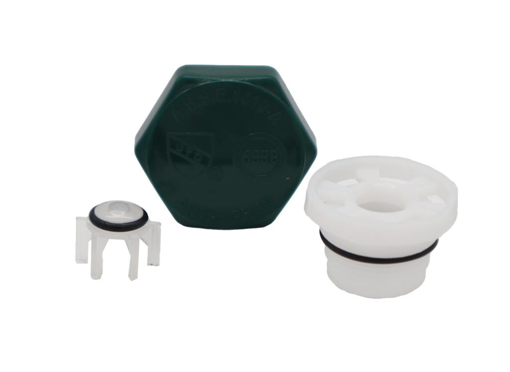 Forest green plastic cap with white nylon vacuum breaker with black rubber o-rings.