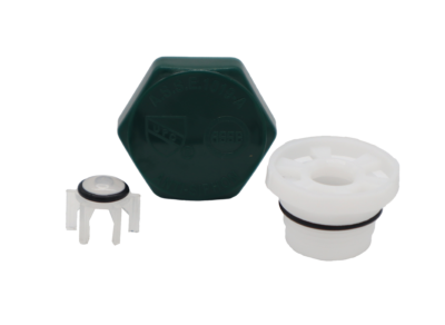 Forest green plastic cap with white nylon vacuum breaker with black rubber o-rings.