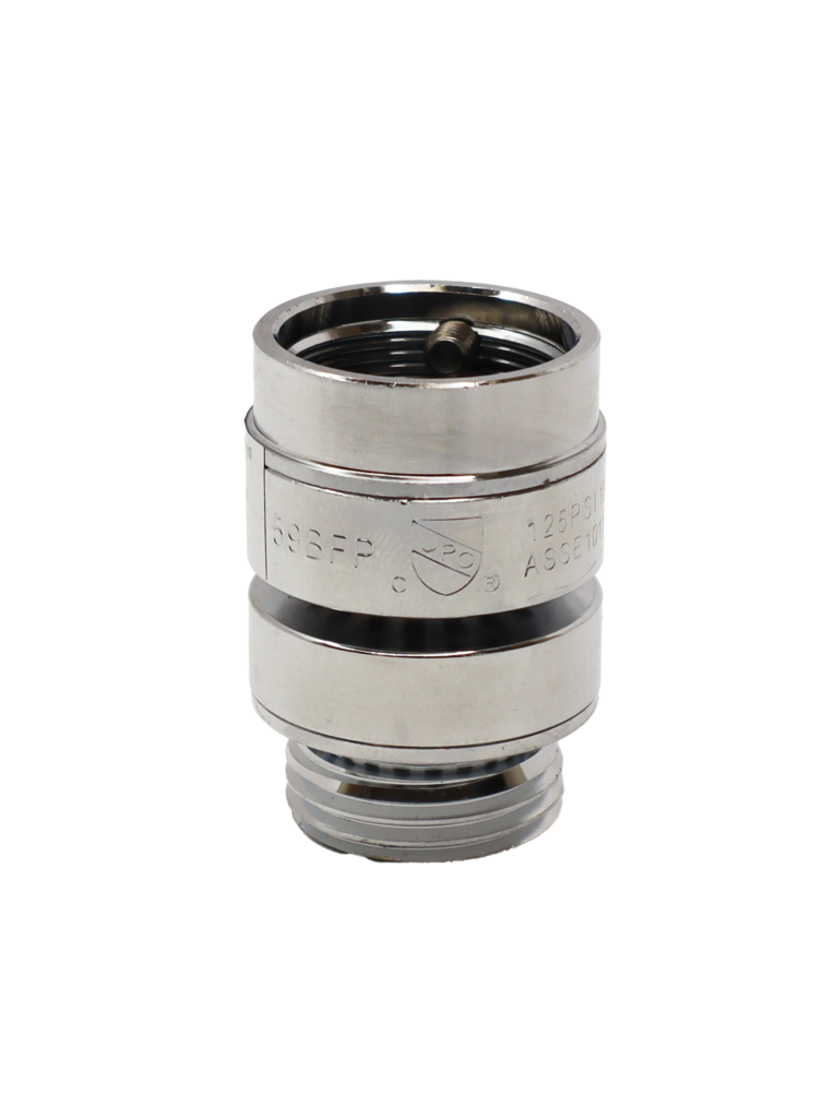 Polished chrome vacuum breaker with black rubber washer and stainless screw.