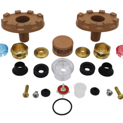 Tan oval handles red and blue plastic index buttons tan vaccum breaker cap brass nuts washers and screws clear plastic vacuum breaker an black rubber washers and seals.