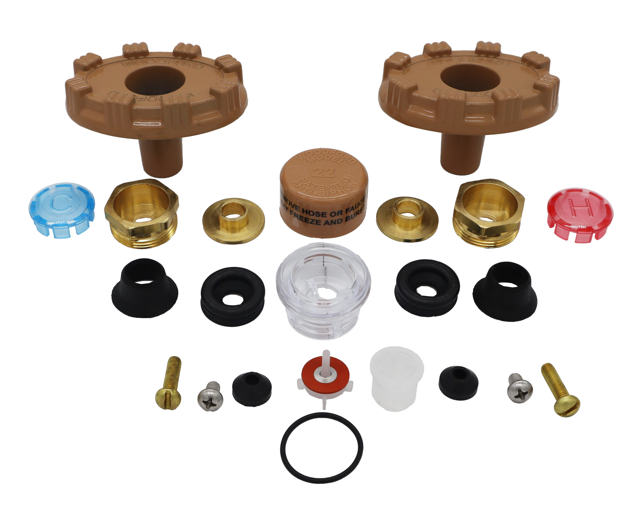 Tan oval handles red and blue plastic index buttons tan vaccum breaker cap brass nuts washers and screws clear plastic vacuum breaker an black rubber washers and seals.