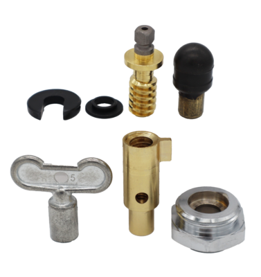 Black rubber washers brass and black rubber plunger bright brass yoke and stem screw with polished chrome nut and metal tee key.