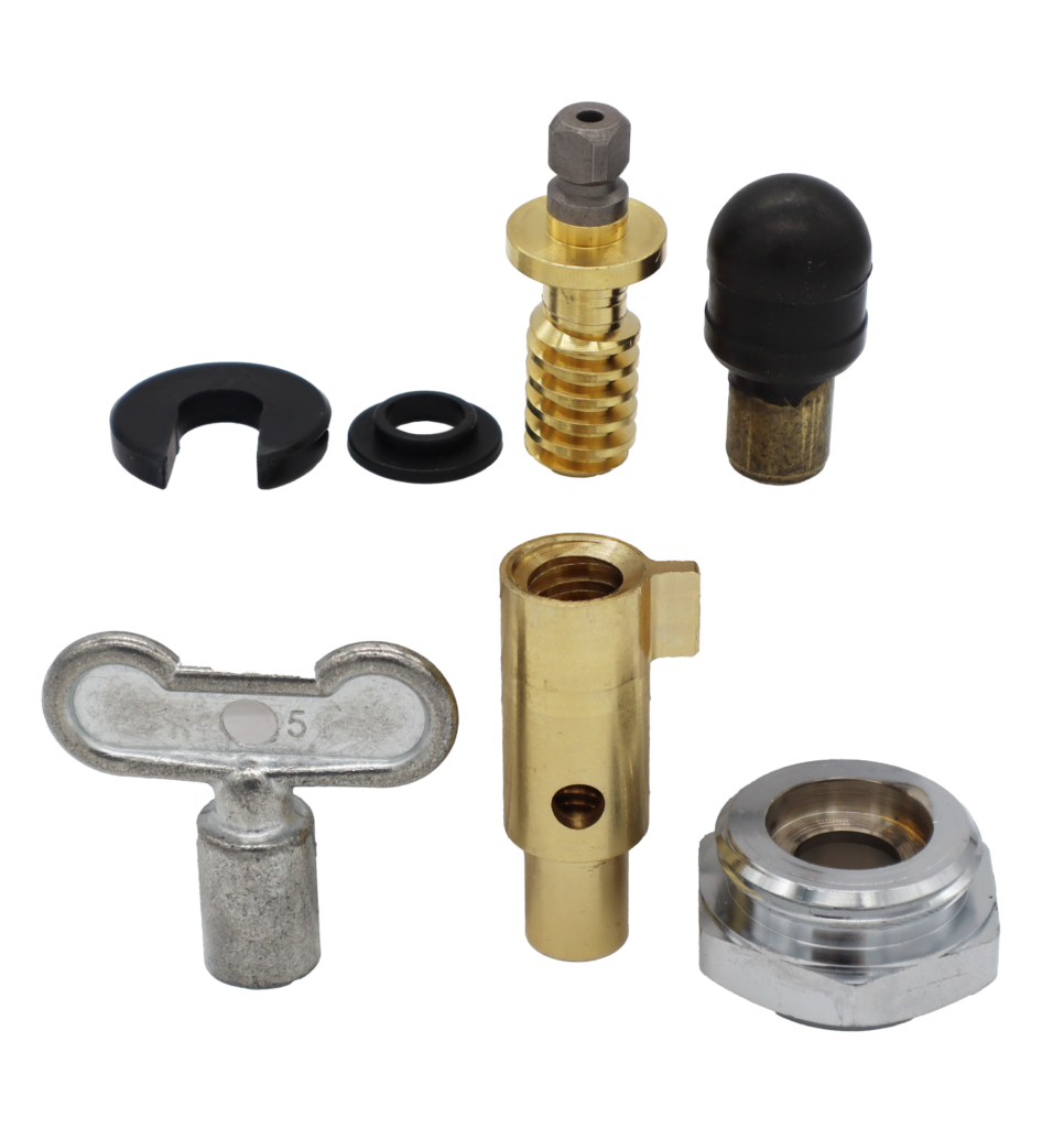 Black rubber washers brass and black rubber plunger bright brass yoke and stem screw with polished chrome nut and metal tee key.