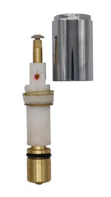 Bright brass stem with white plastic sleeve brass and stainless screws rubber o-ring and washer with chrome escutcheon sleeve.