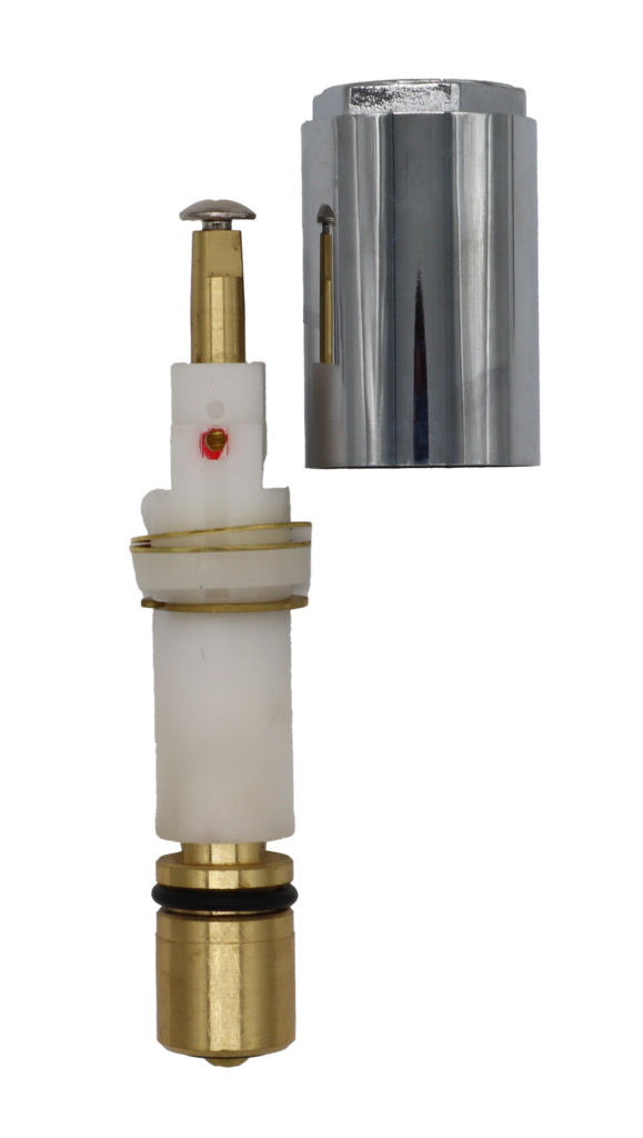 Bright brass stem with white plastic sleeve brass and stainless screws rubber o-ring and washer with chrome escutcheon sleeve.