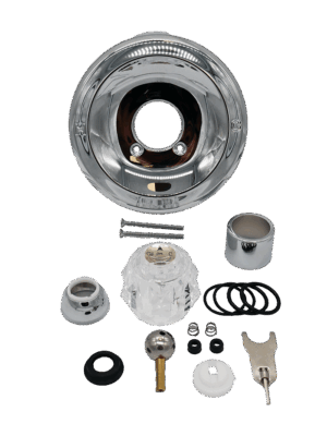 Chrome escutcheon plate sleeve and bonnet nut. Acrylic handle with black o-rings and internal parts.