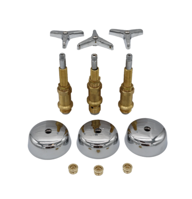 Polished chrome 3 arm handles with round esuctheons with bright brass stems and faucet seats.