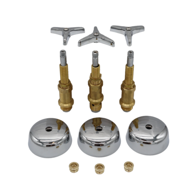 Polished chrome 3 arm handles with round esuctheons with bright brass stems and faucet seats.
