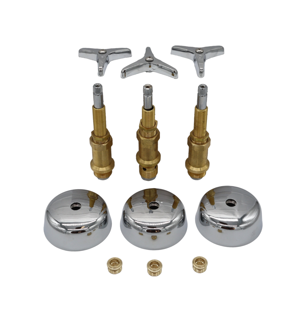 Polished chrome 3 arm handles with round esuctheons with bright brass stems and faucet seats.