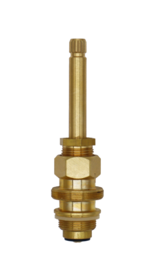 Bright brass stem with white plastic o-ring black rubber washer and brass screw.