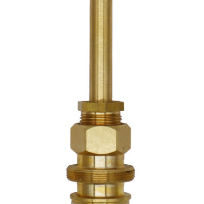 Bright brass stem with white plastic o-ring black rubber washer and brass screw.