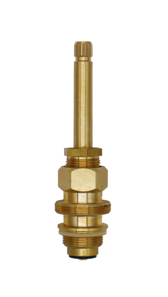 Bright brass stem with white plastic o-ring black rubber washer and brass screw.