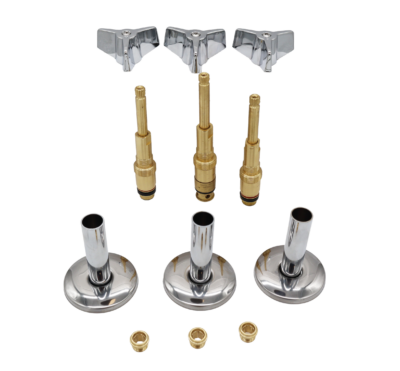 Polished chrome handles escutcheons and sleevers with brass stemsblack rubber washers and brass faucet seats.