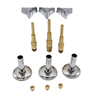 Polished chrome handles escutcheons and sleevers with brass stemsblack rubber washers and brass faucet seats.
