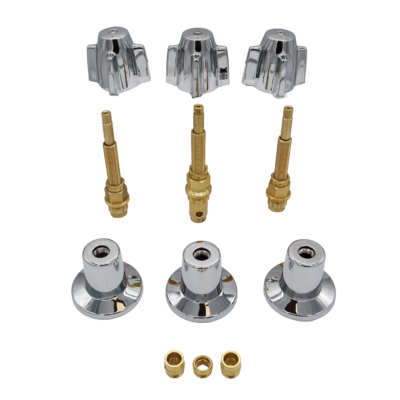 Polished chrome handles and escutcheons with bright brass stems and faucet seats.