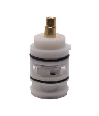 White plastic cartridge with brass handle connection with black rubber o-ring and washers.