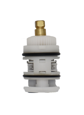 White plastic cartridge with brass handle connection and black rubber seals and o-rings.