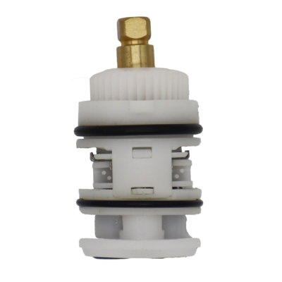 White plastic cartridge with brass handle connection and black rubber seals and o-rings.