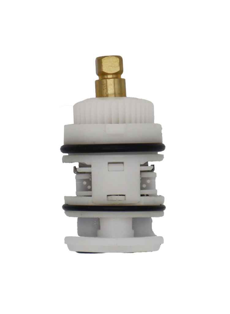 White plastic cartridge with brass handle connection and black rubber seals and o-rings.