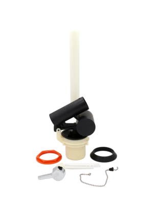 White and black plastic flush valve with red and black eals and polished chrome handle.