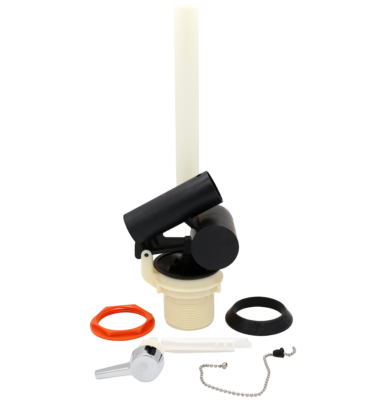 White and black plastic flush valve with red and black eals and polished chrome handle.