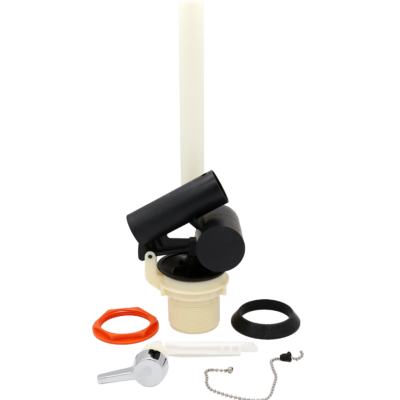 White and black plastic flush valve with red and black eals and polished chrome handle.