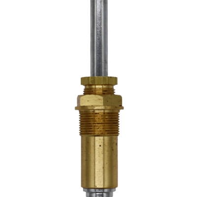 Bright brass body with polished chrome stem with black rubber washer and brass screw on the bottom.