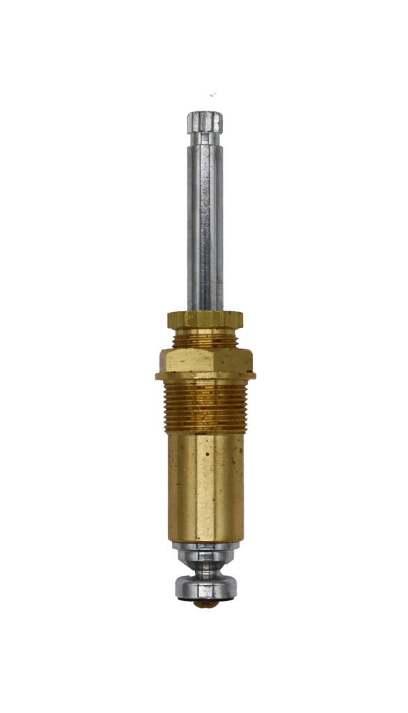 Bright brass body with polished chrome stem with black rubber washer and brass screw on the bottom.