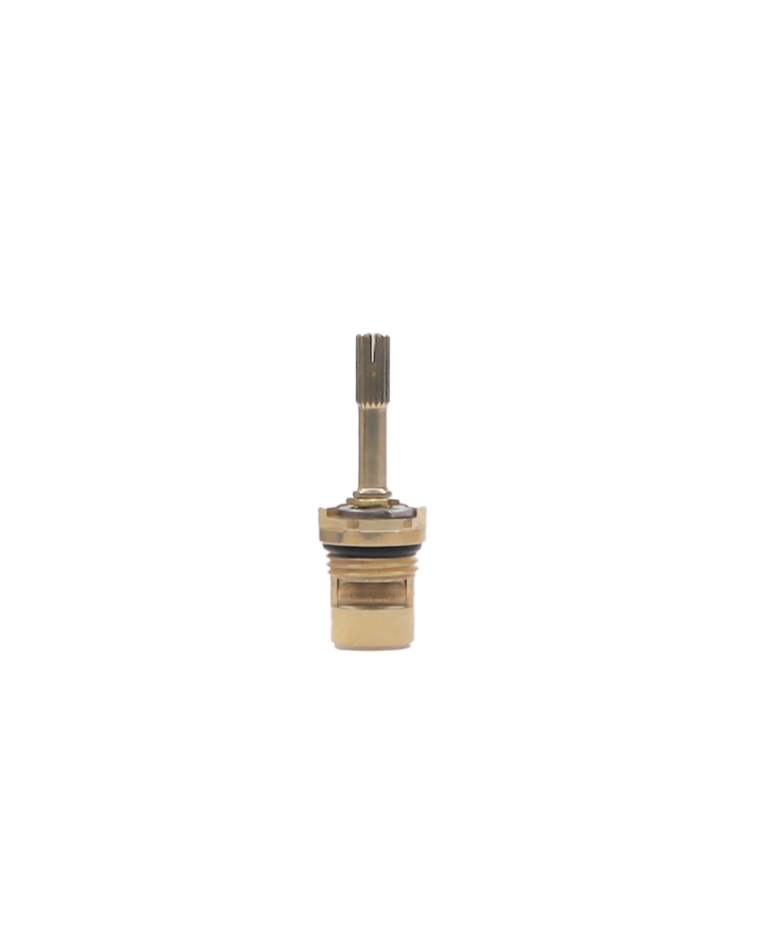 Bright brass cartridge with black rubber o-ring white ceramic discs and bottom seal.