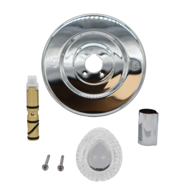 Polished chrome escutcheon and sleeve bright brass cartridge with black orings and white installation tool acrylic handle and stainless screws.