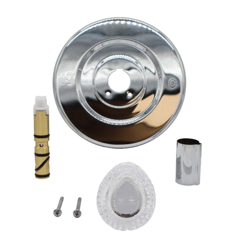 Polished chrome escutcheon and sleeve bright brass cartridge with black orings and white installation tool acrylic handle and stainless screws.