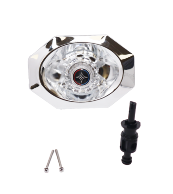 Polished chrome esctucheon with acrylic handle black plastic cartridge and polished chrome screws.