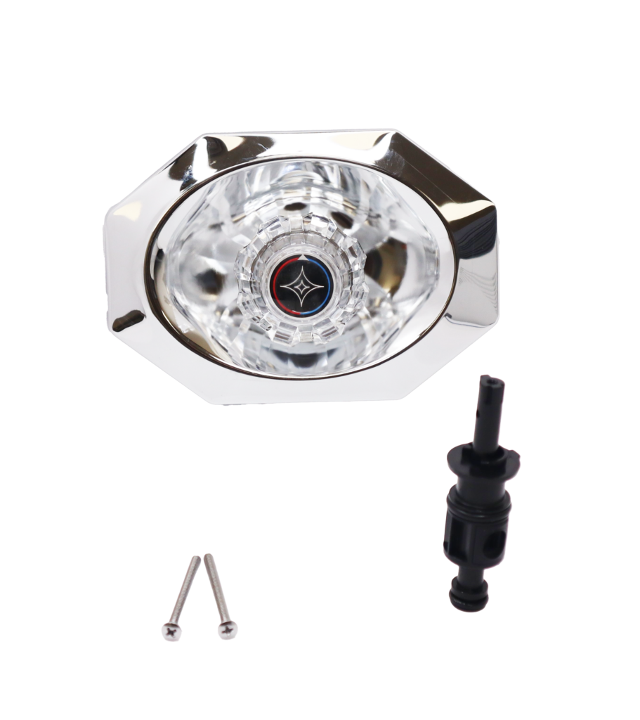 Polished chrome esctucheon with acrylic handle black plastic cartridge and polished chrome screws.