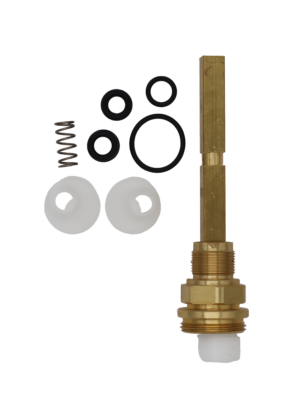 Bright brass stem with white plastic bottom 3 black orings and black cup washer stainless spring.