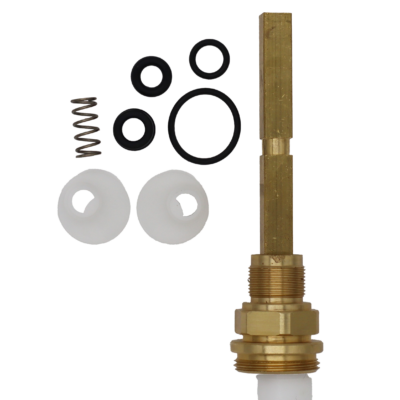 Bright brass stem with white plastic bottom 3 black orings and black cup washer stainless spring.