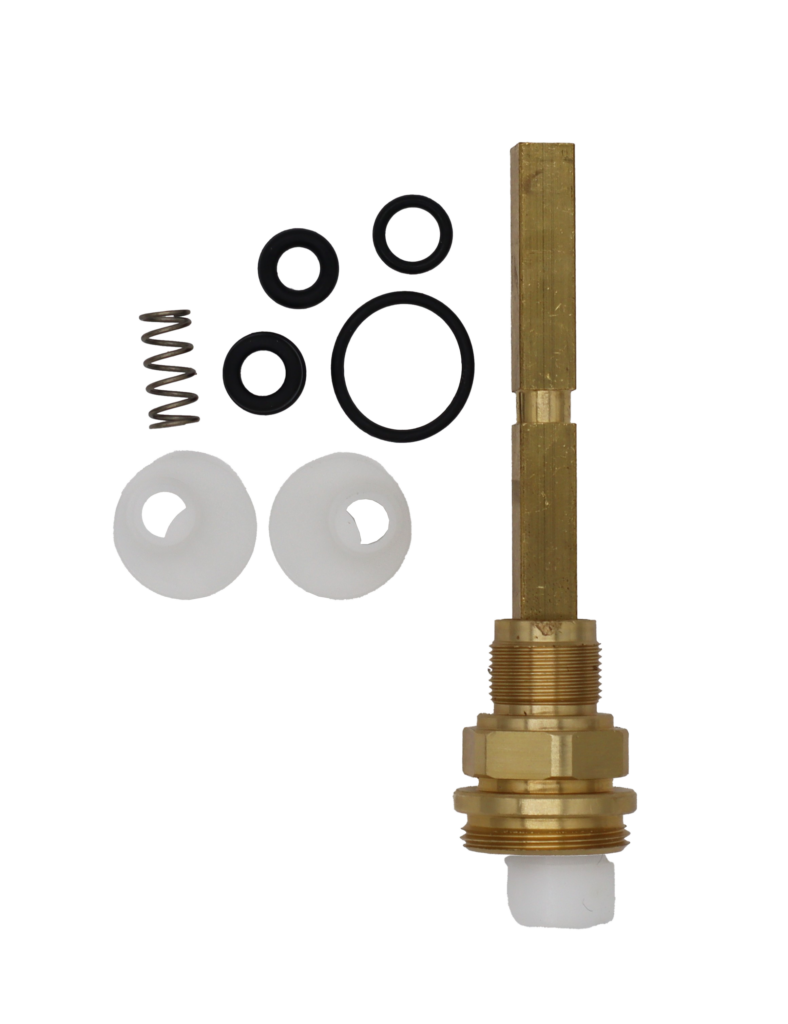 Bright brass stem with white plastic bottom 3 black orings and black cup washer stainless spring.