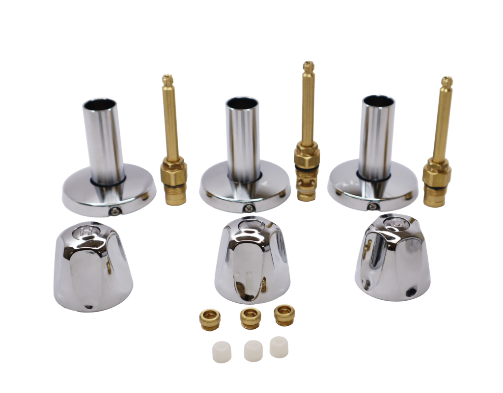 Polished chrome handles escutcheons and tubes with brass stems and faucet seats.