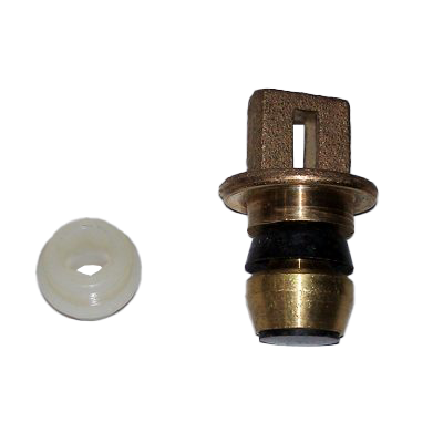 Cast brass plunger with black rubber washer and white nylon seat.
