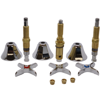 Polished chrome handles & escutcheons with brass stems and faucet seats.
