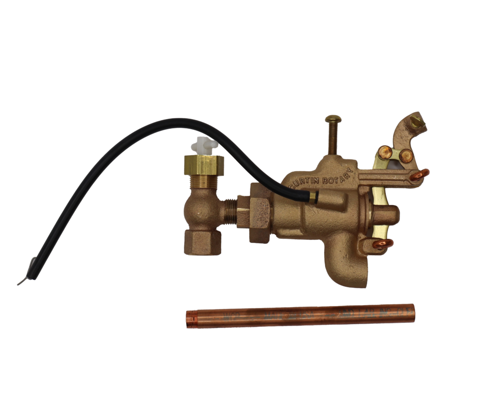 Brass ballcock with black rubber fill tube and plastic adjustment.